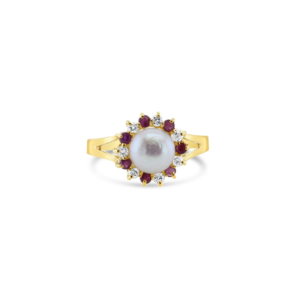 Pearl Ring with Diamond Ruby Halo Ring 14k Yellow Gold