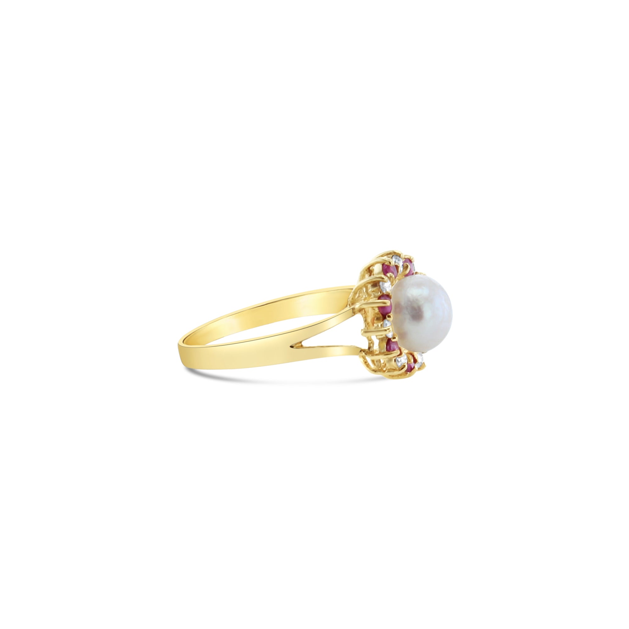 Pearl Ring with Diamond Ruby Halo Ring 14k Yellow Gold