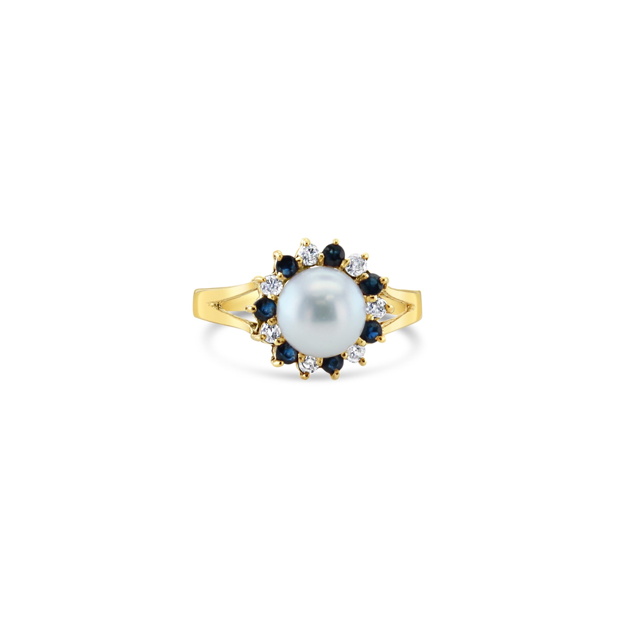 Anillo de perla con halo de zafiro y diamantes en oro amarillo de 14 k