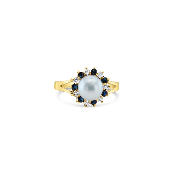 Pearl Ring with Diamond Sapphire Halo Ring 14k Yellow Gold