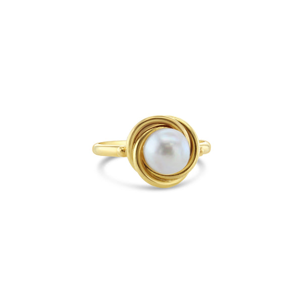 Solitaire Pearl Ring with Rope Design 14k Yellow Gold