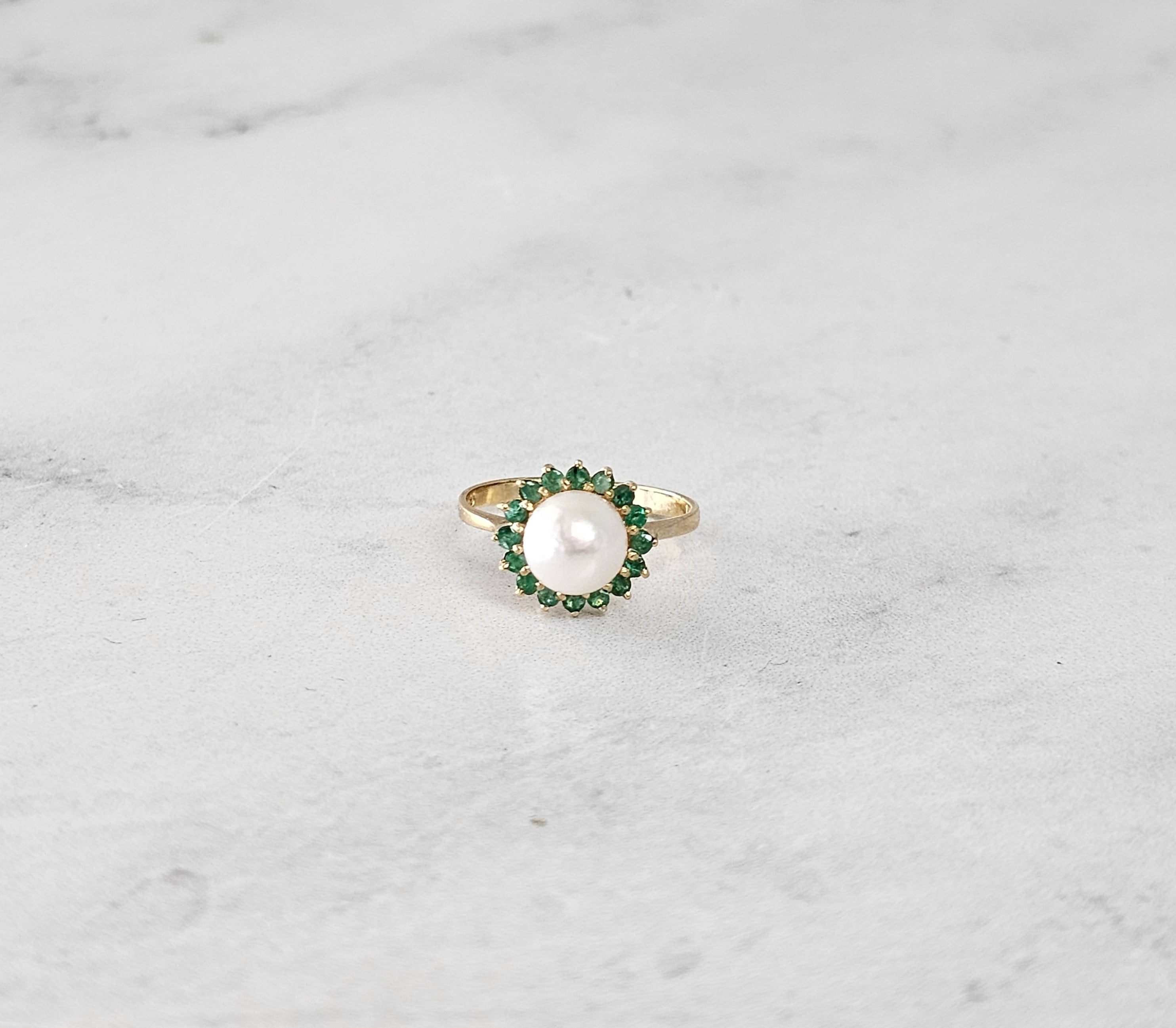 Pearl & Emerald Halo Ring 14k Yellow Gold