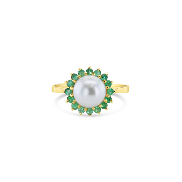 Pearl & Emerald Halo Ring 14k Yellow Gold