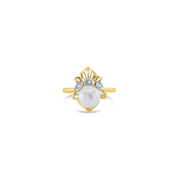 7MM Solitaire Pearl Ring with Diamond Accents Crown Style