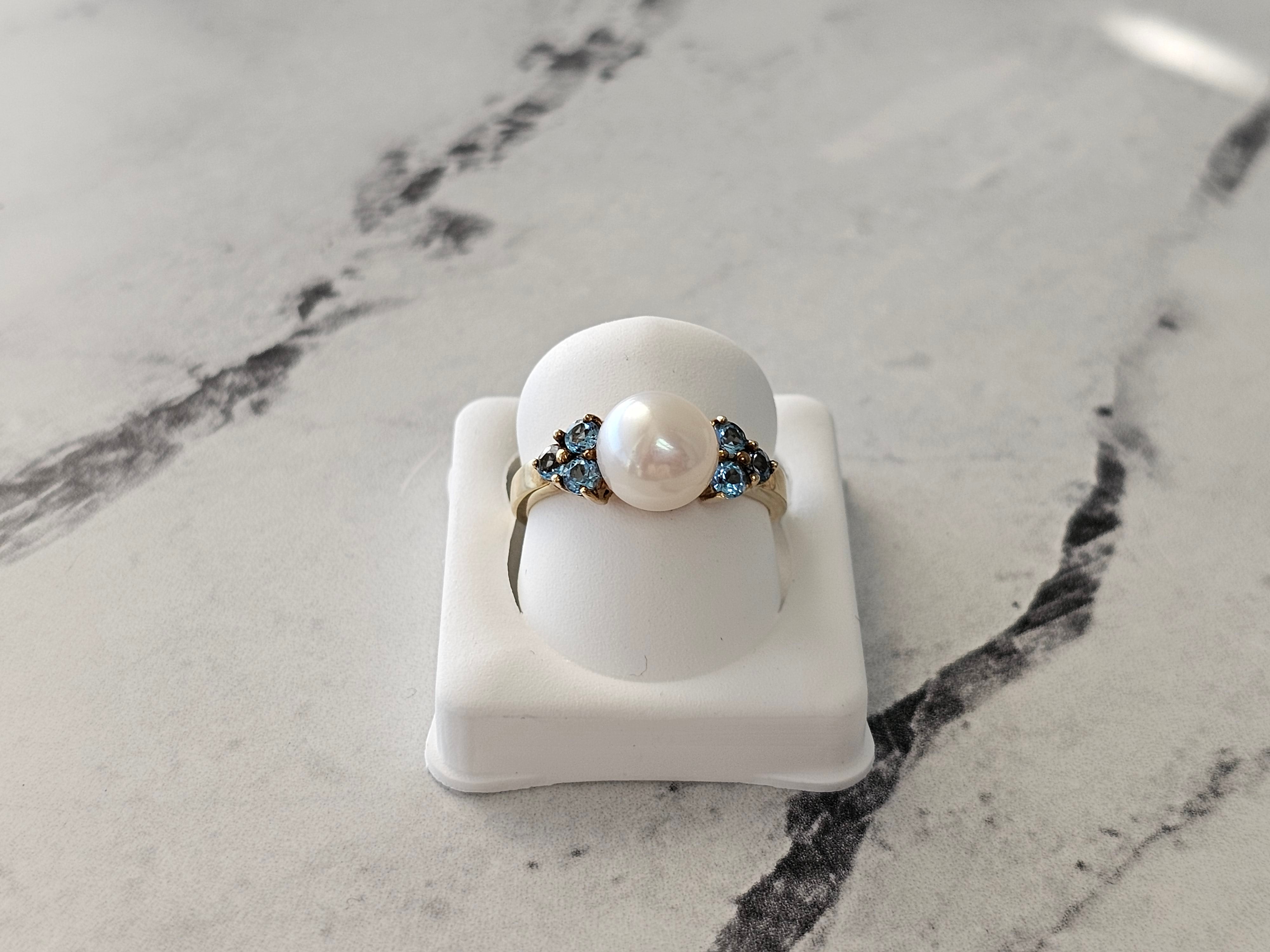 Pearl Ring with Blue Topaz Accents 14k Yellow Gold