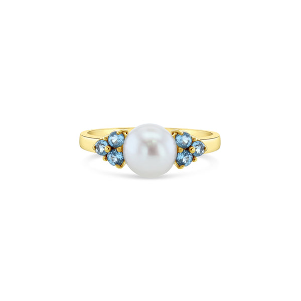 Pearl Ring with Blue Topaz Accents 14k Yellow Gold