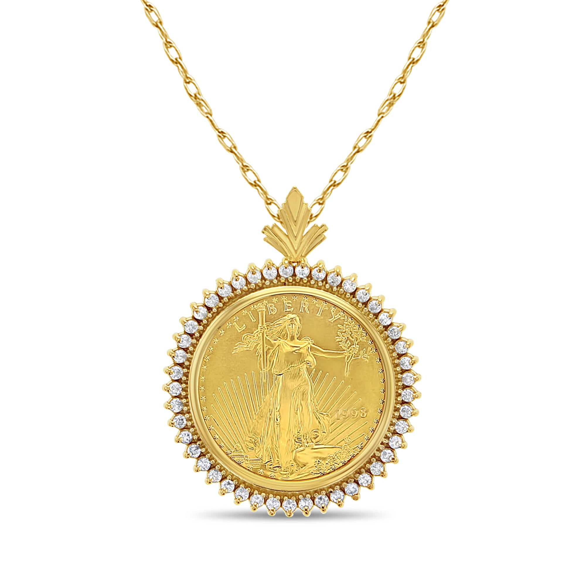 1/2OZ $25 Dollar 22K Fine Gold Lady Liberty Necklace with Diamond Halo