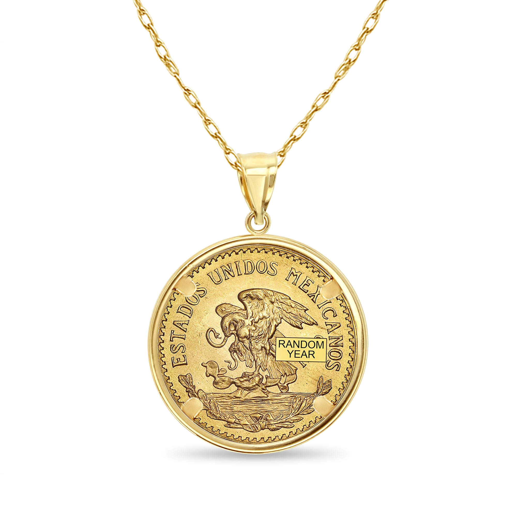 Veinte Pesos Gold Coin Necklace with Polished Bezel 14k Yellow Gold