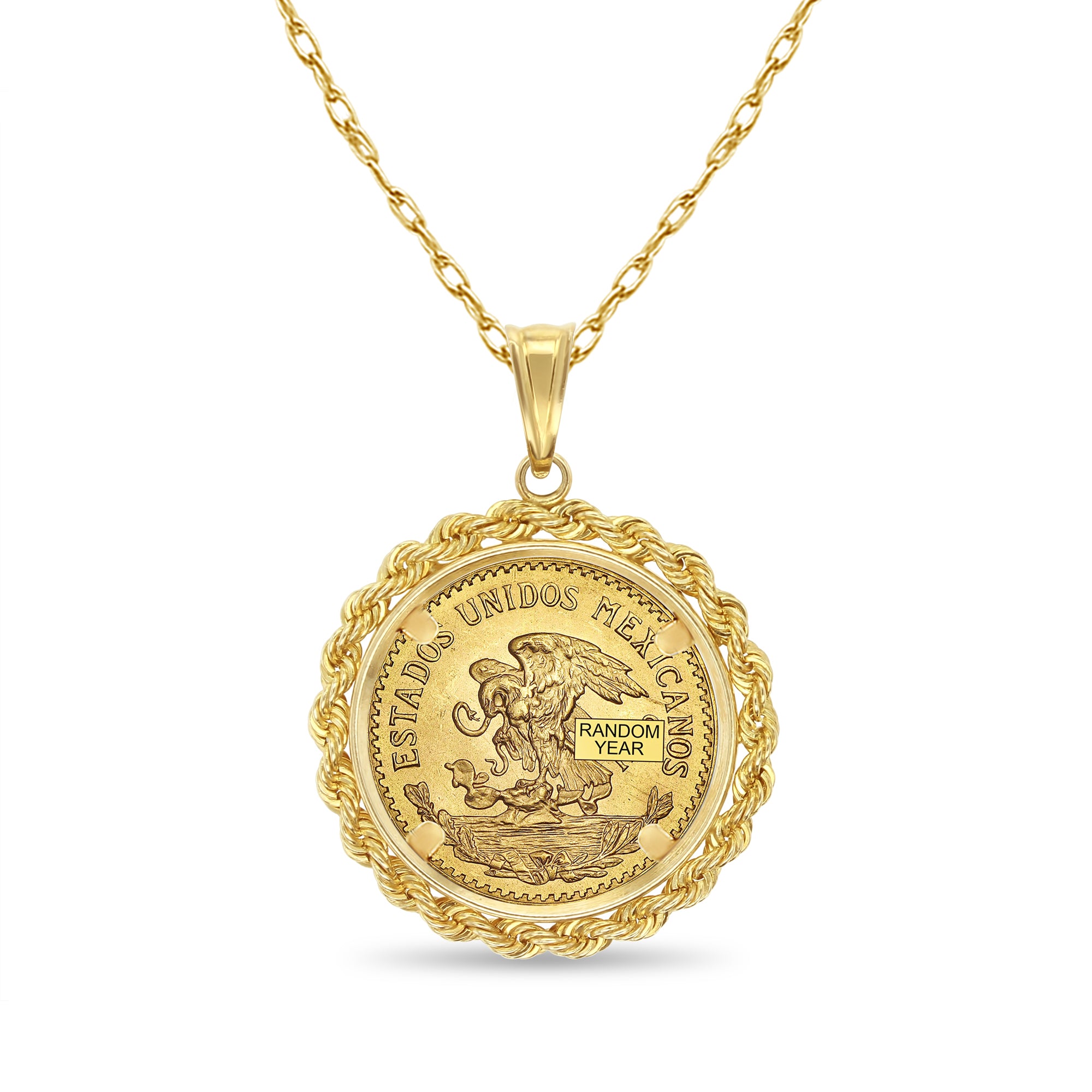 Veinte Pesos Gold Coin Necklace with Rope Bezel 14k Yellow Gold