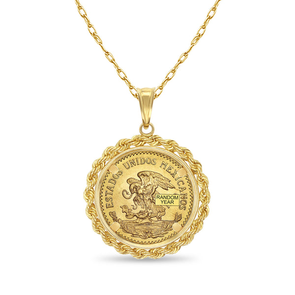 Veinte Pesos Gold Coin Necklace with Rope Bezel 14k Yellow Gold