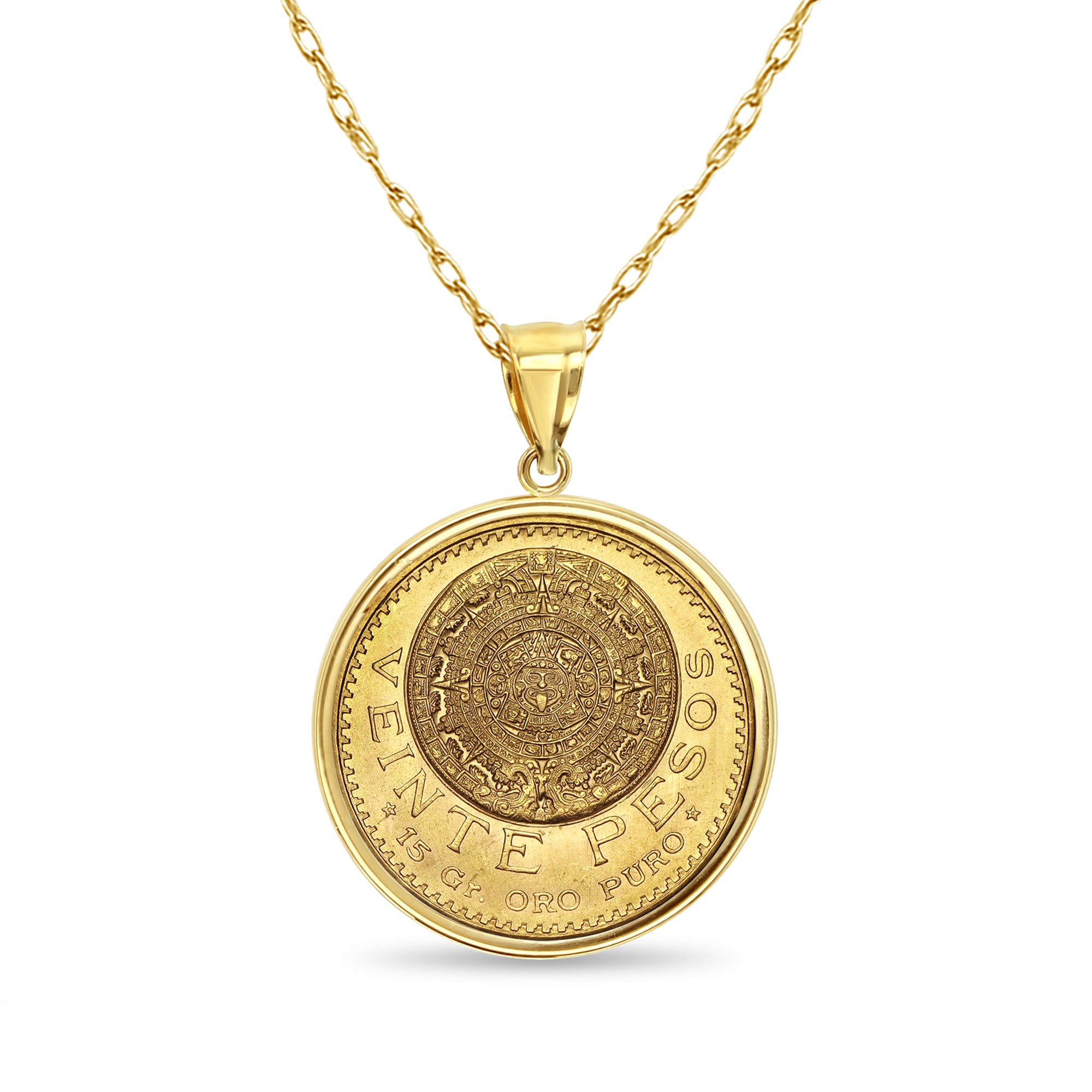 Veinte Pesos Gold Coin Necklace with Polished Bezel 14k Yellow Gold