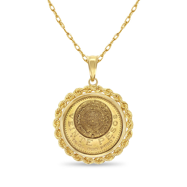 Veinte Pesos Gold Coin Necklace with Rope Bezel 14k Yellow Gold