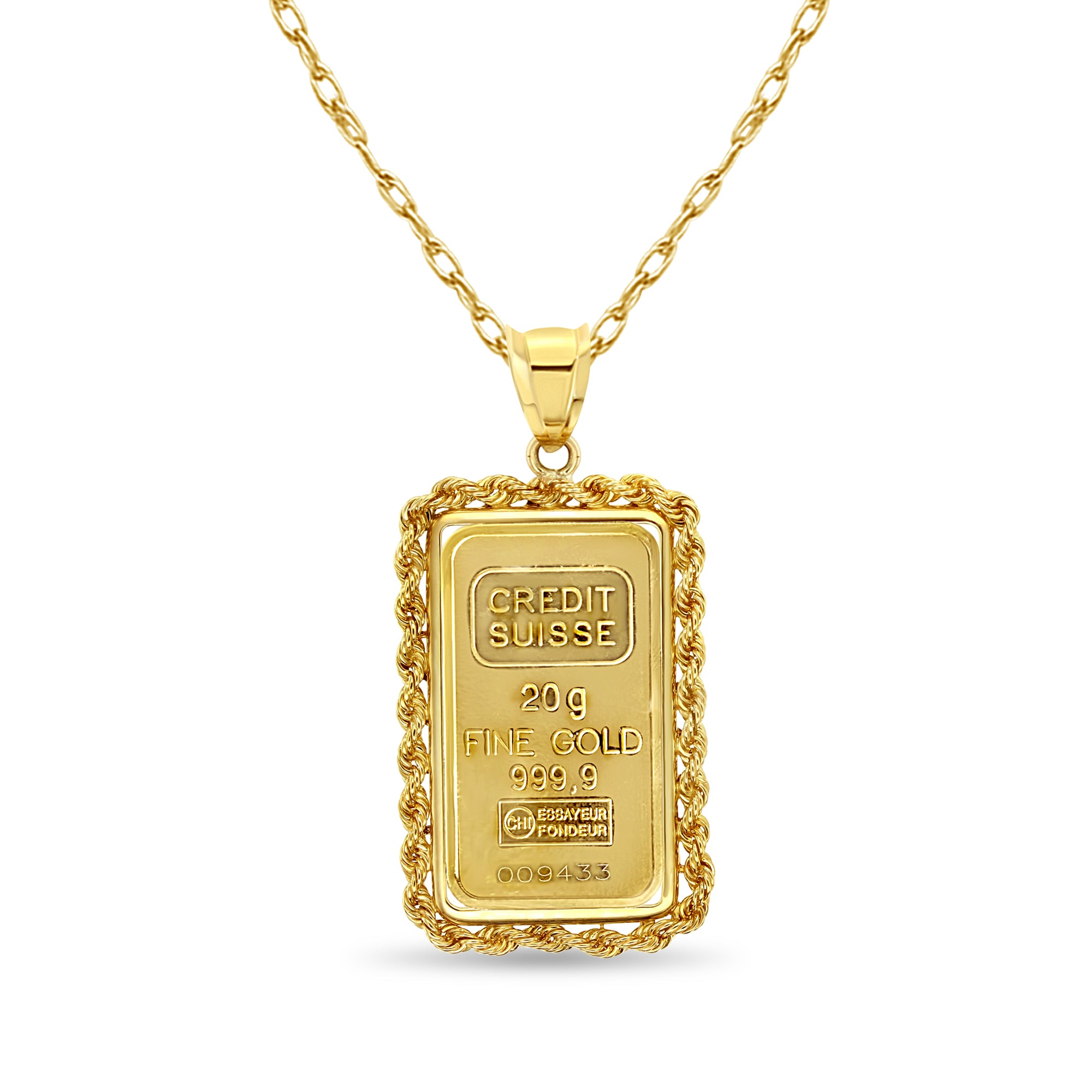 20 Gram Credit Suisse Gold Bar with Rope Bezel 14k Yellow Gold