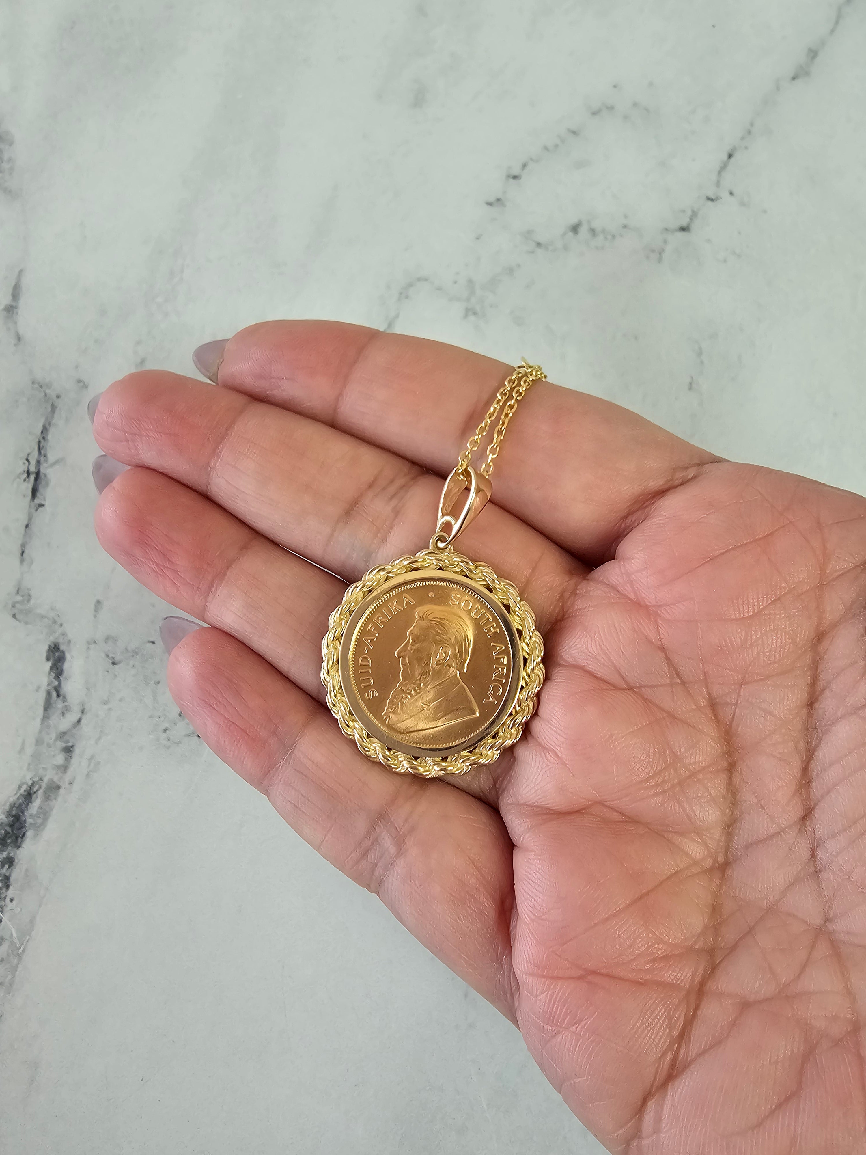 1/4OZ South African Krugerrand Coin Necklace with Rope Halo