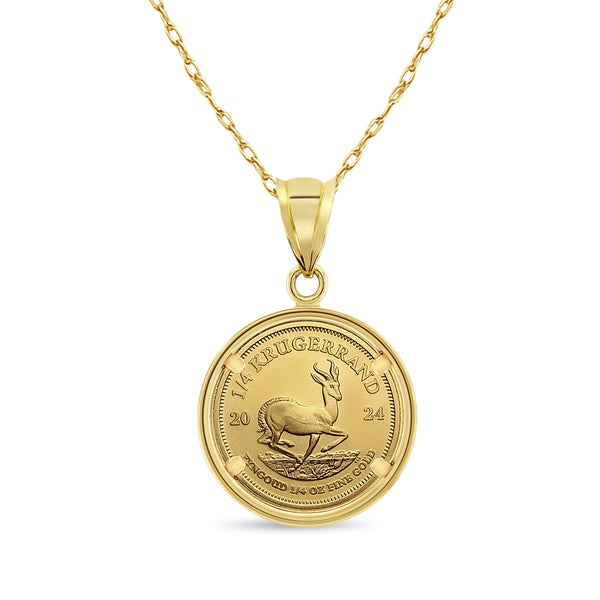 1/4OZ South African Krugerrand Coin Necklace with Polished Halo