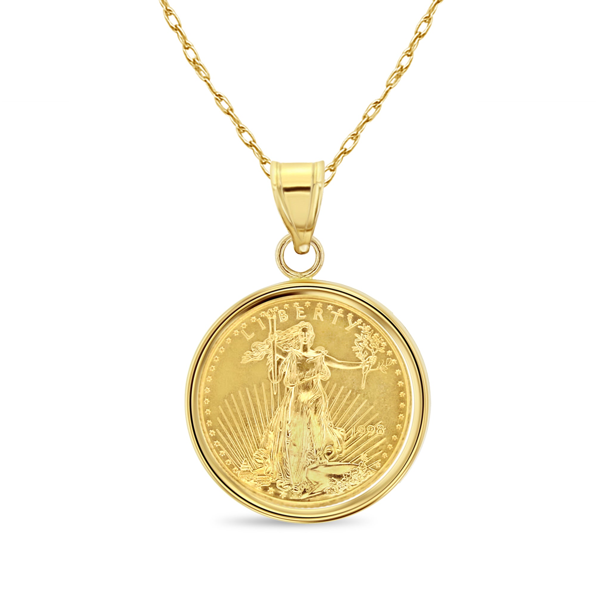 Collar con moneda de águila voladora de la Estatua de la Libertad de 1/4 oz con bisel pulido