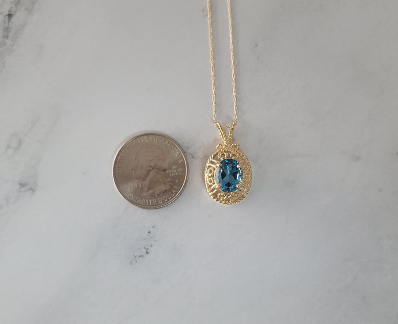 Blue Topaz with Rope Design Necklace 14k Yellow Gold
