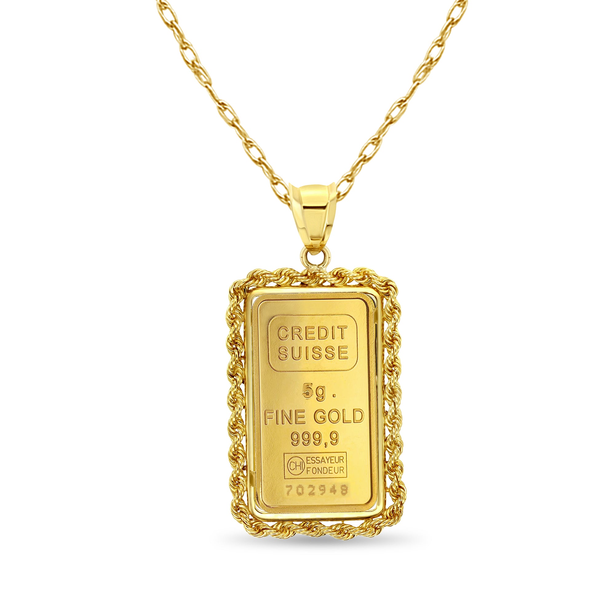 5 Gram Pamp Credit Suisse Gold Bar with Rope Bezel Necklace