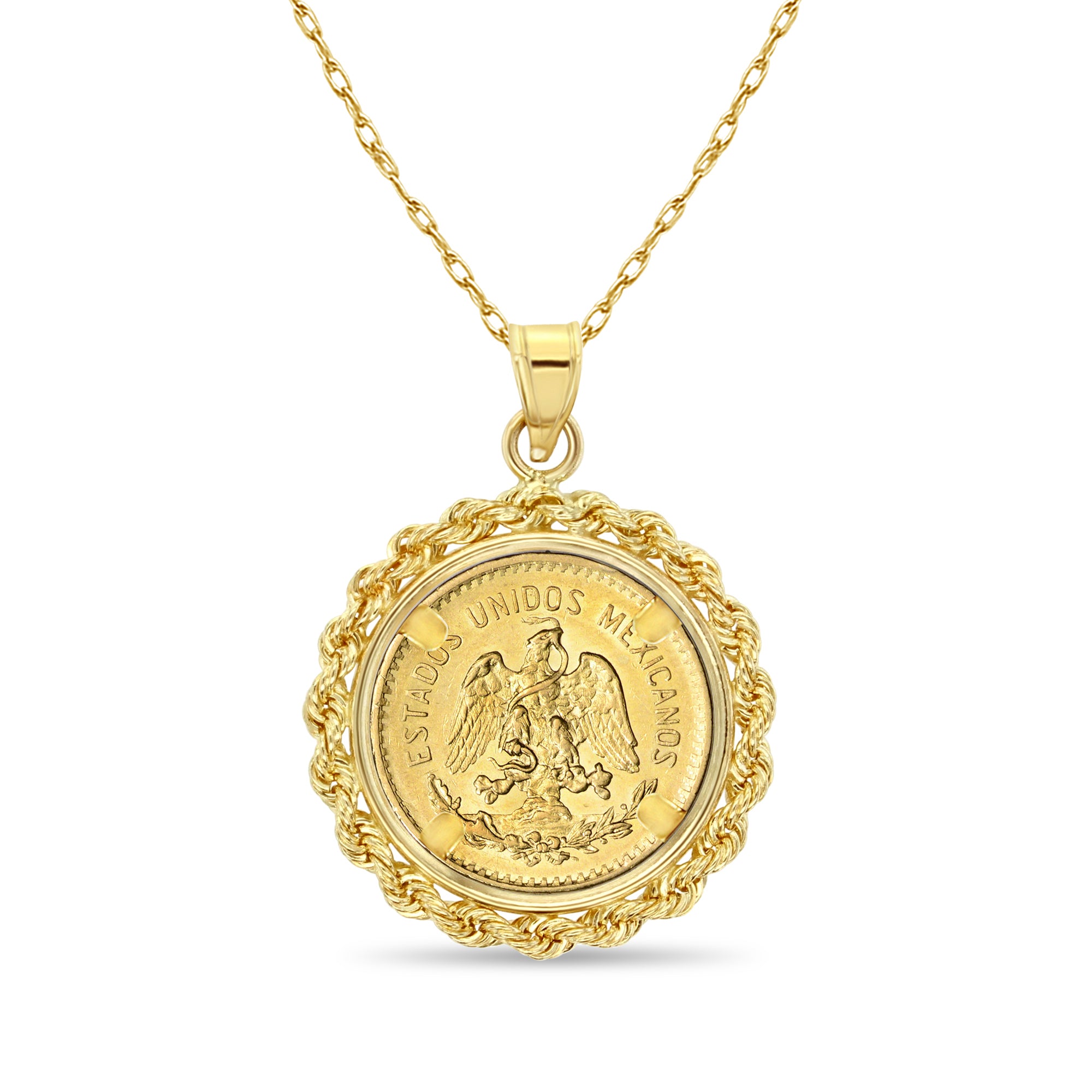 Collar con moneda de oro de cinco pesos y bisel de cuerda en oro amarillo de 14 k