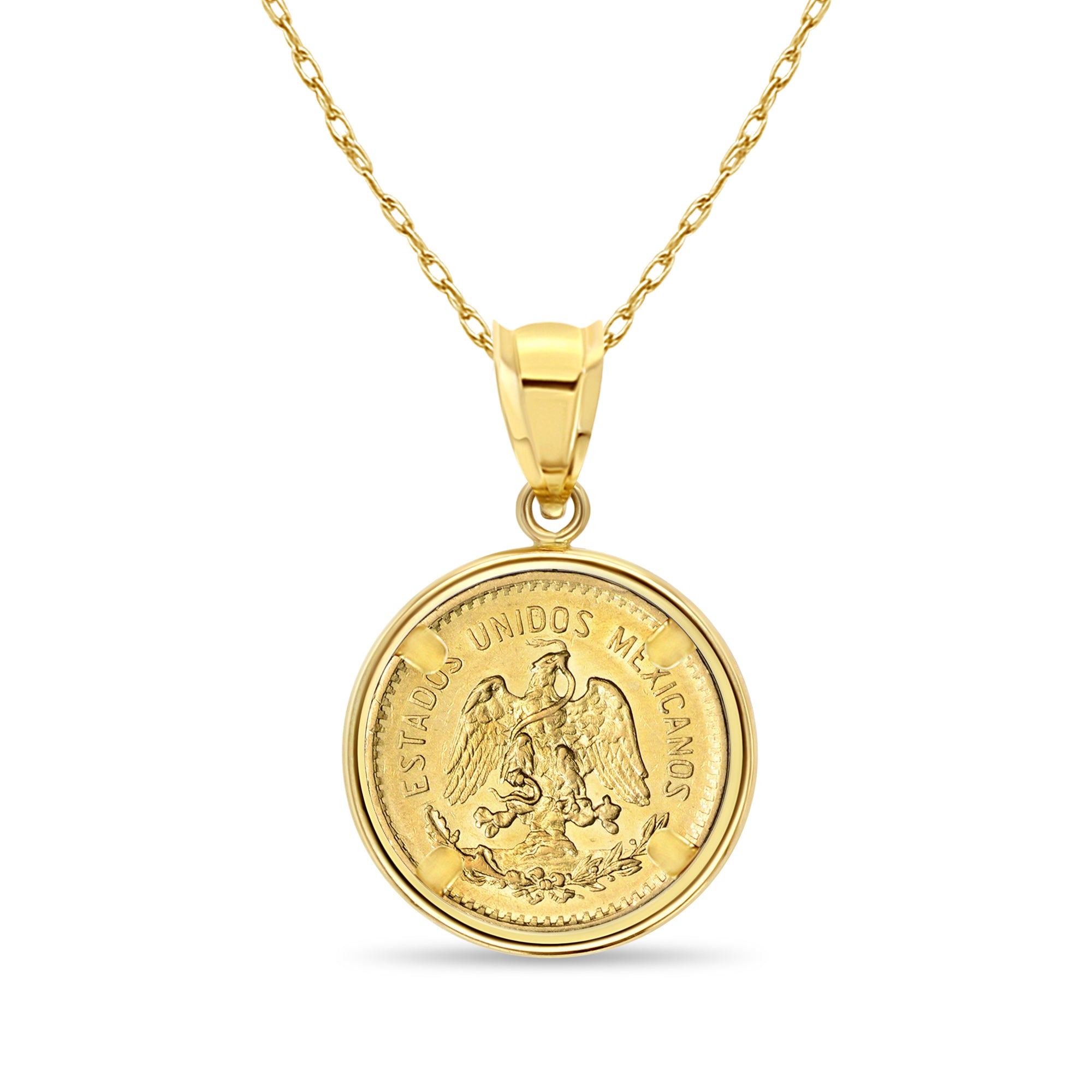 Collar con moneda de oro de cinco pesos y bisel pulido en oro amarillo de 14 k