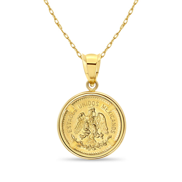 Cinco Pesos Gold Coin Necklace with Polished Bezel 14k Yellow Gold