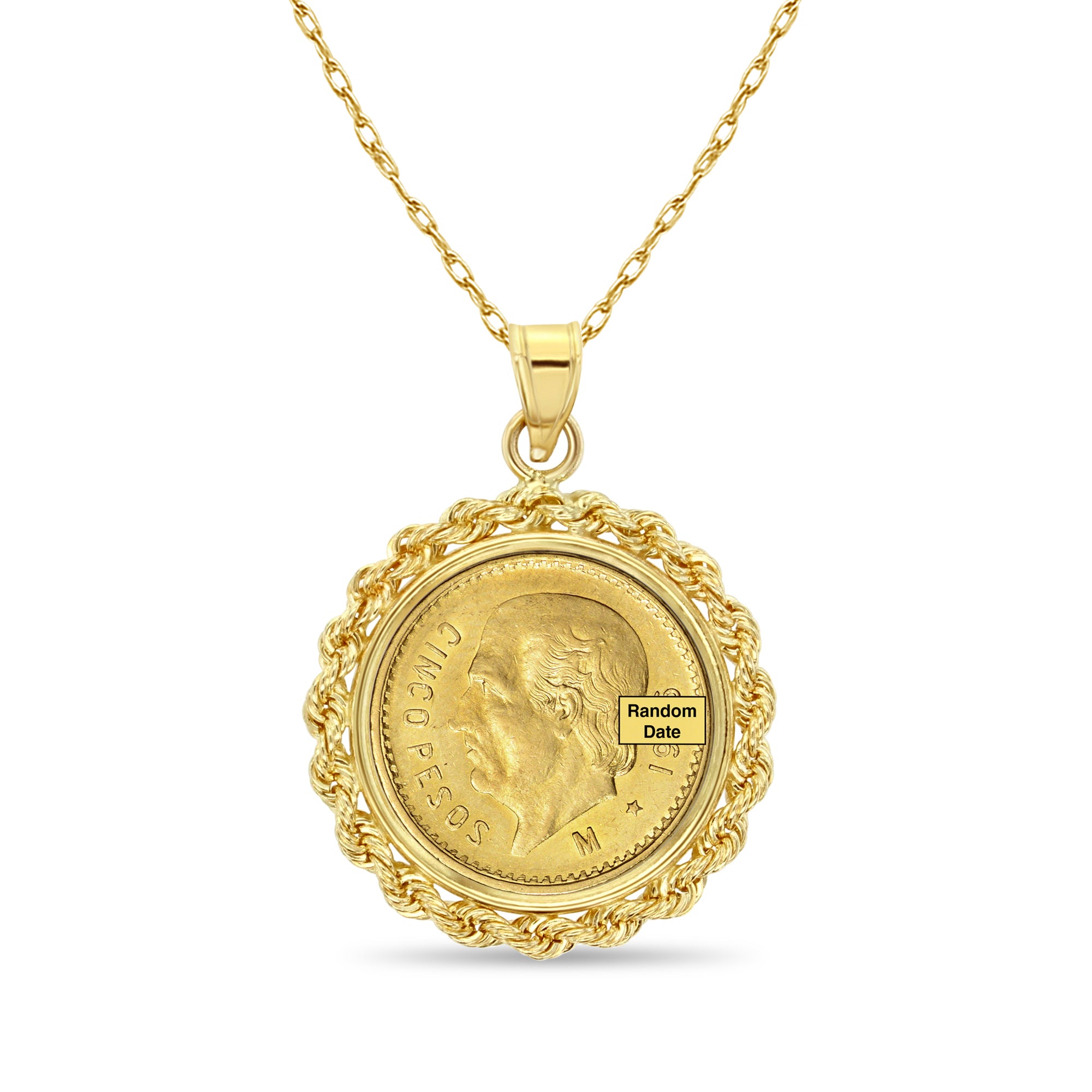 Collier en or avec pièce de monnaie Cinco Pesos et lunette en corde en or jaune 14 carats