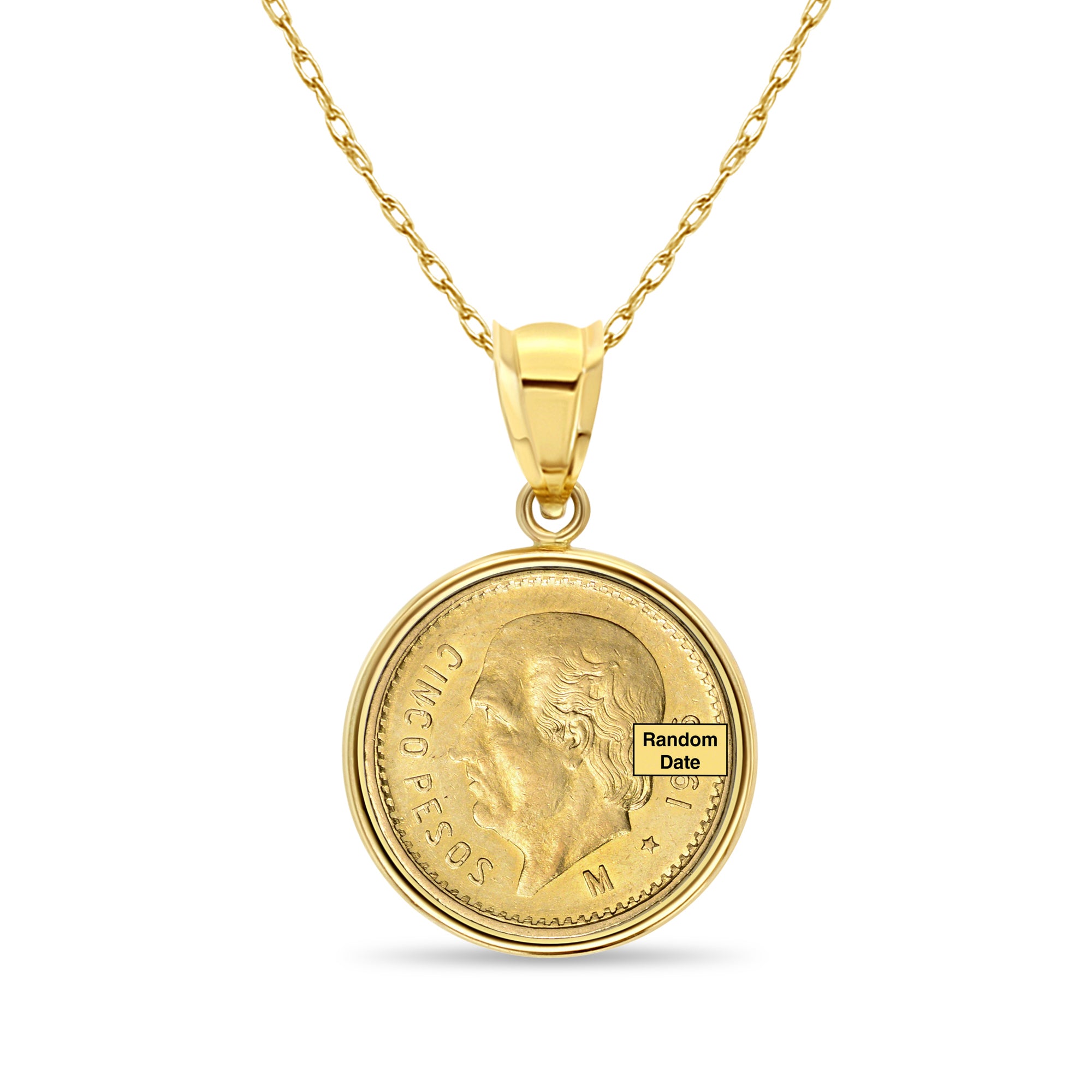 Collar con moneda de oro de cinco pesos y bisel pulido en oro amarillo de 14 k