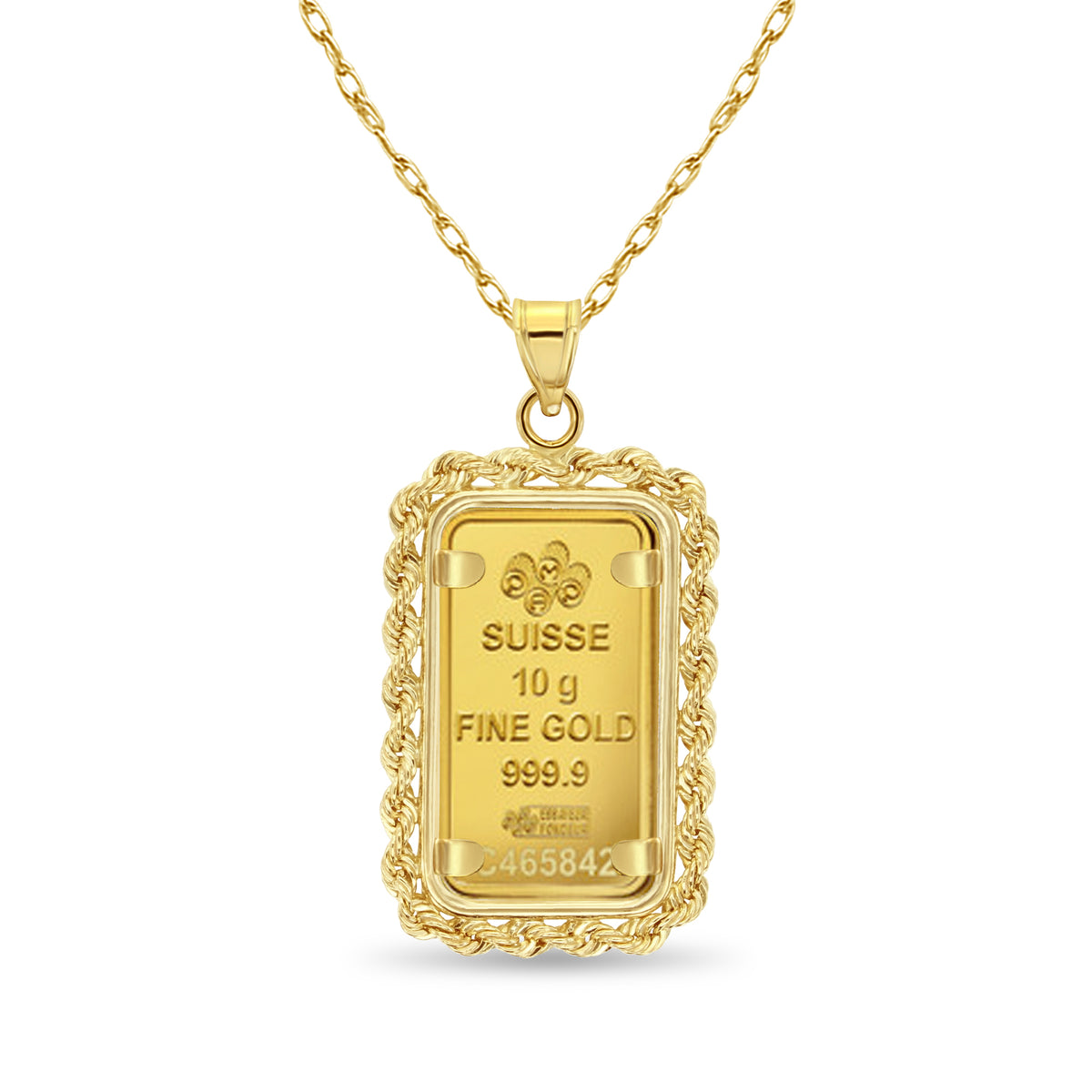 A yellow gold pendant necklace featuring a rectangular bar pendant with a decorative border, engraved with 'SUISSE 10 g FINE GOLD 999.9' and a flower motif, suspended from a gold chain on a white background.