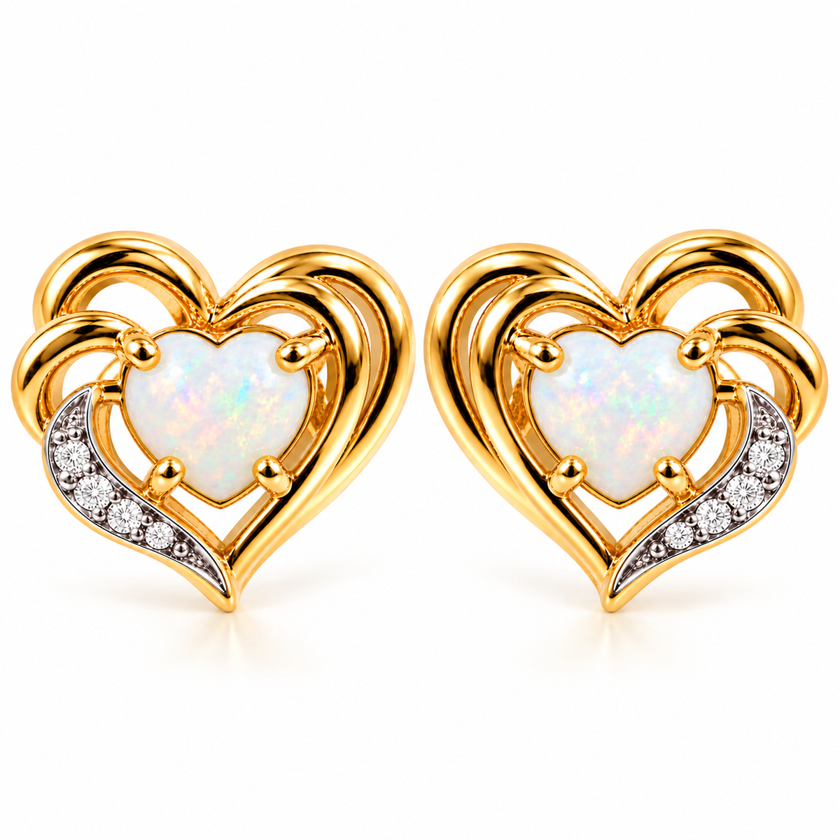 Heart Shaped Opal Studs 14k Yellow Gold