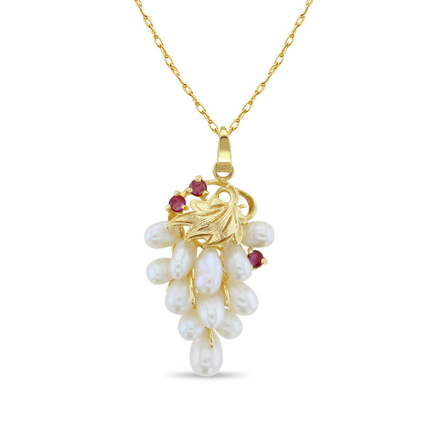 Pearl Grape Cluster Necklace with Ruby Accents