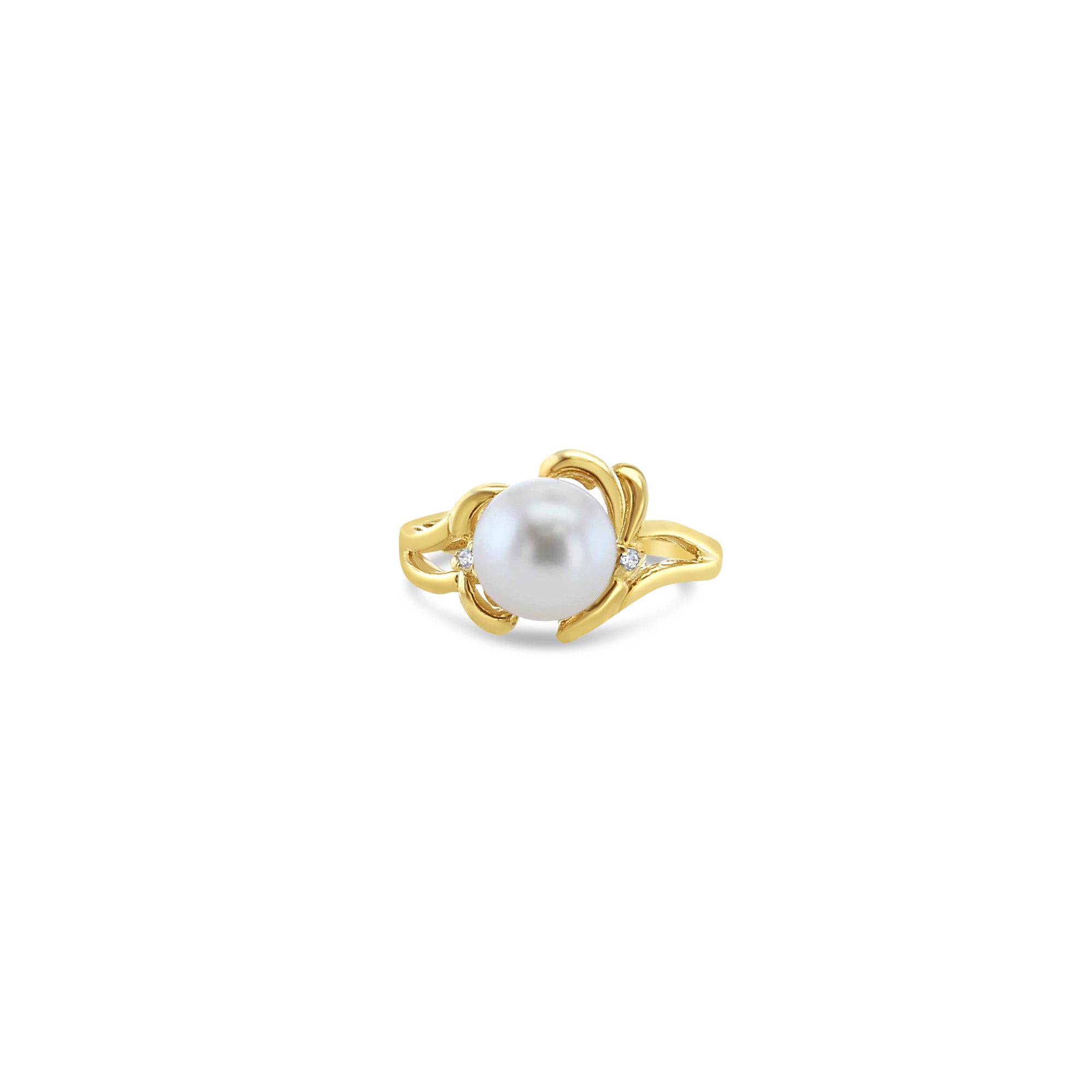 Anillo solitario de perla de 8 mm con diamante Anillo de oro amarillo de 14 k