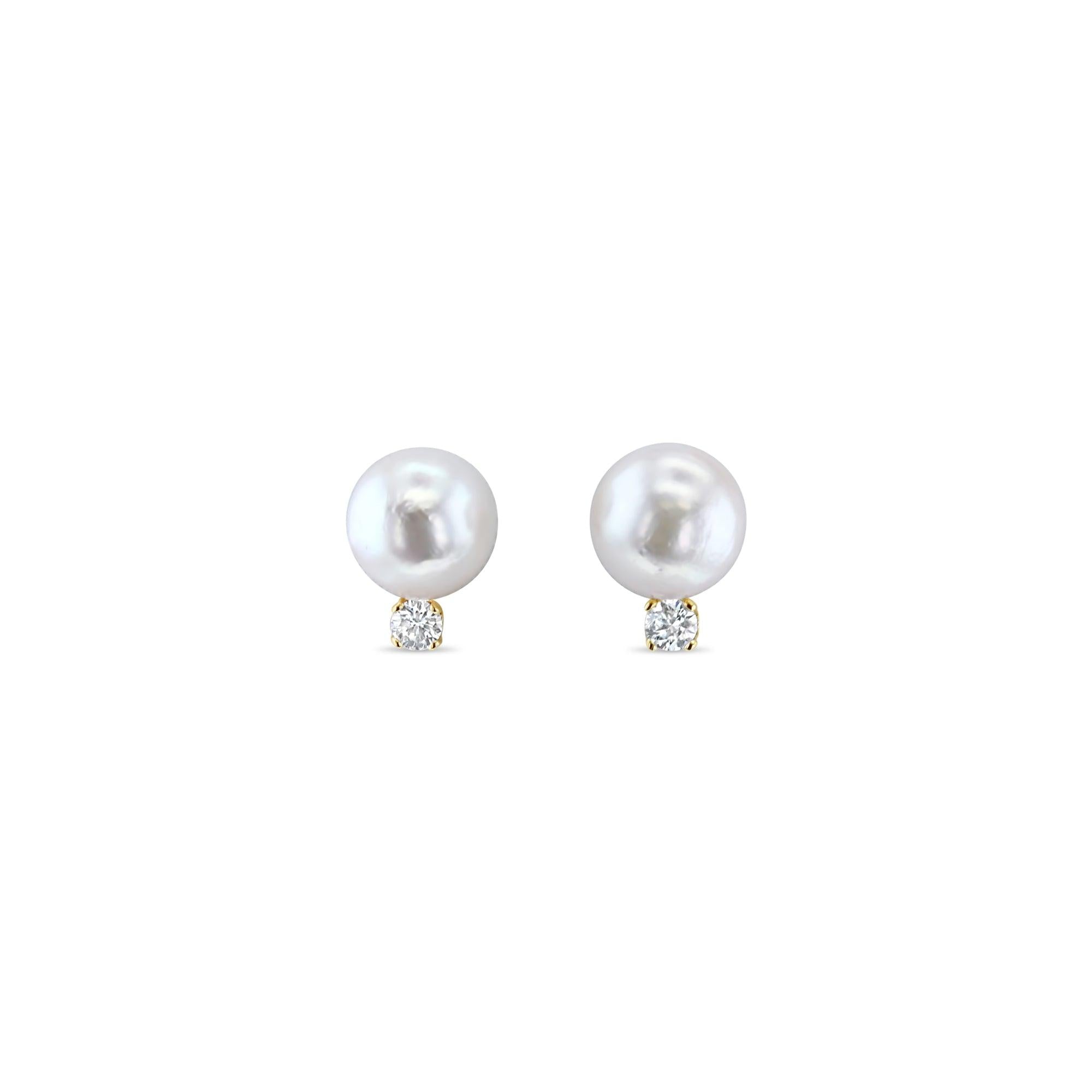 8MM Freshwater Pearl  & Diamond Earring Studs 14k Yellow Gold