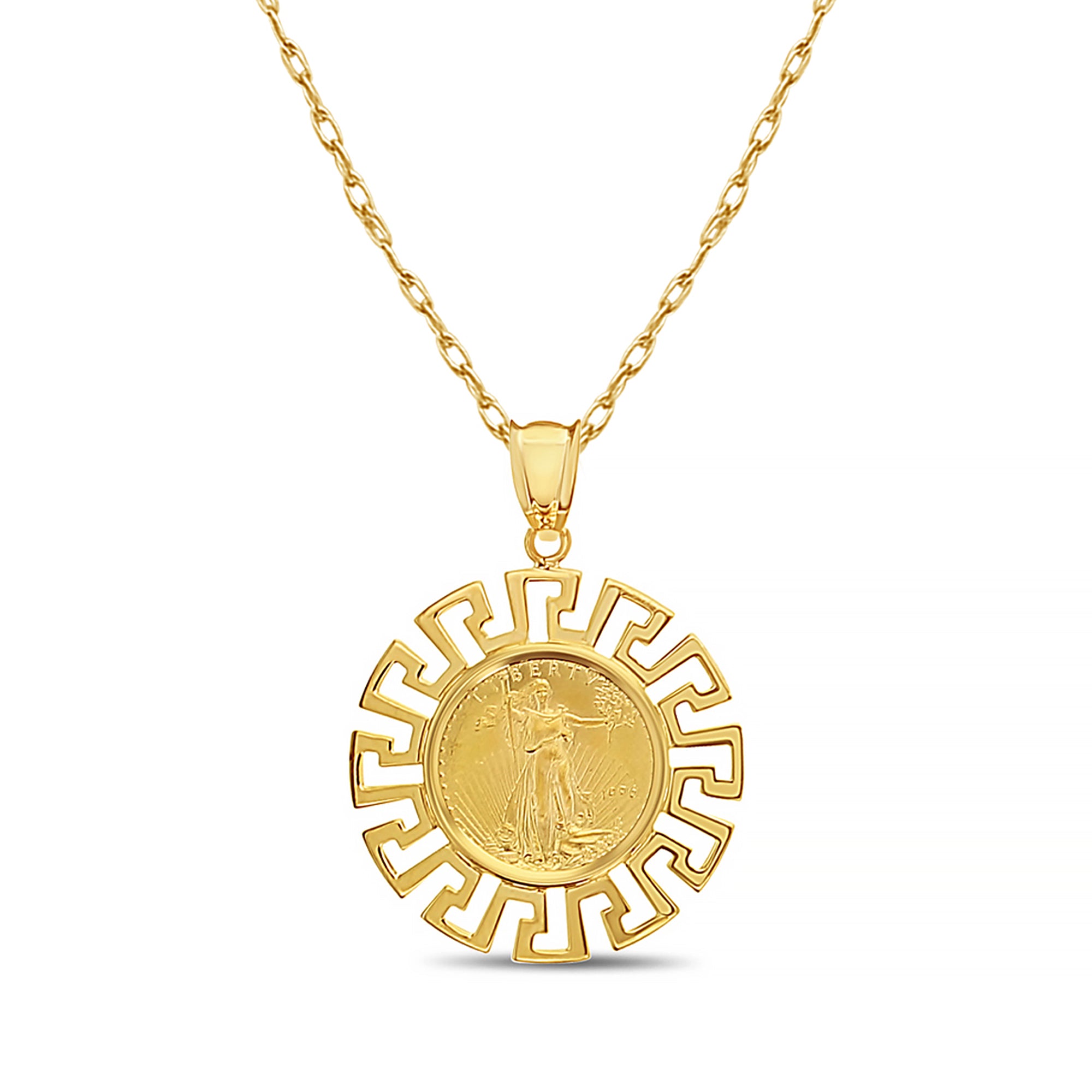 Collar con bisel de llave griega de 1/10 oz con la Estatua de la Libertad en oro amarillo de 14 k