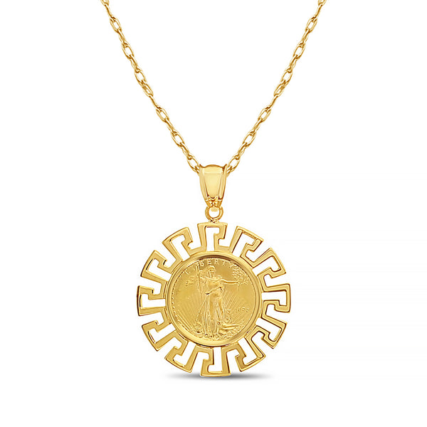 Greek Key Bezel 1/10OZ Lady Liberty Necklace 14k Yellow Gold