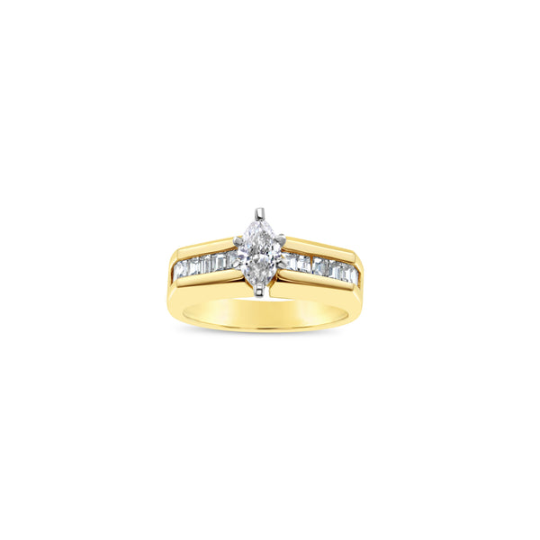 One Carat Marquise Center Diamond with Baguette Accents Engagement Ring