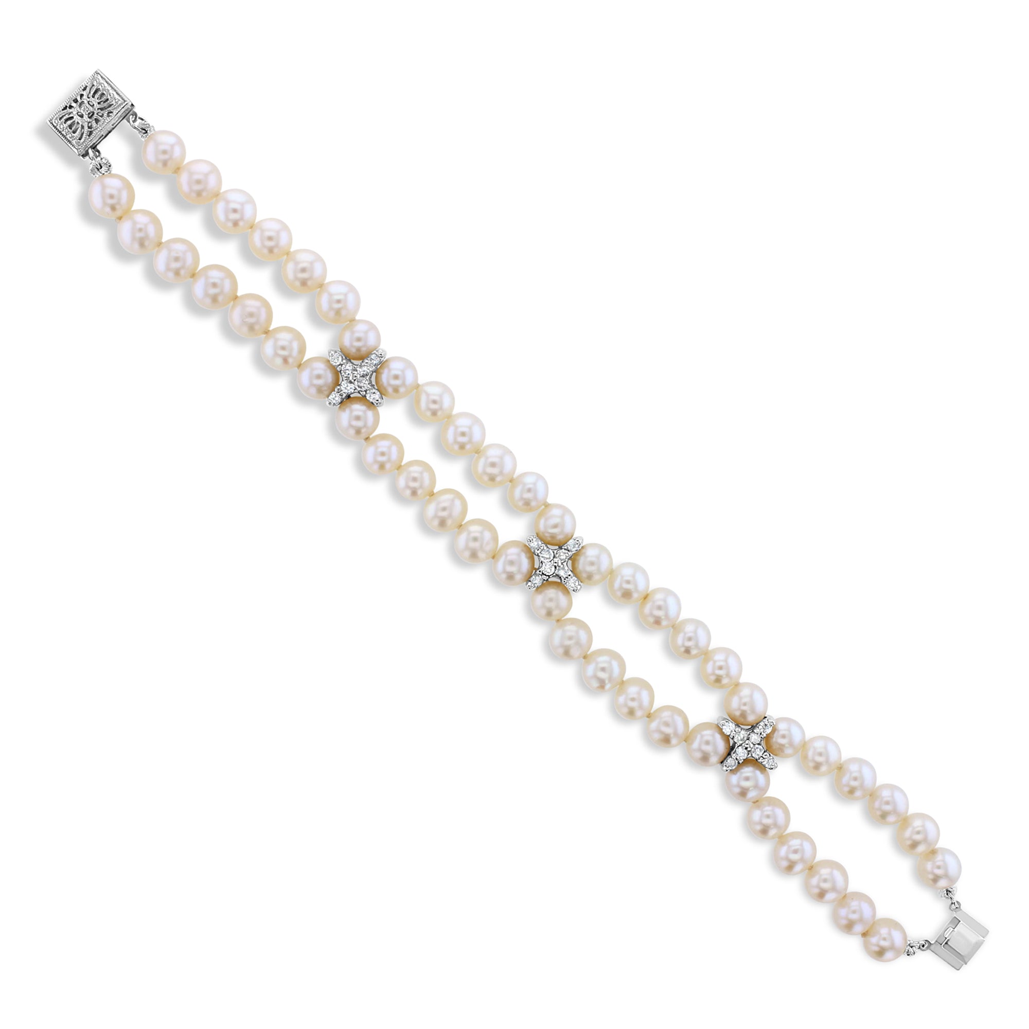 Pulsera de tenis con perlas y diamantes, 0,72 ct en oro blanco de 14 k