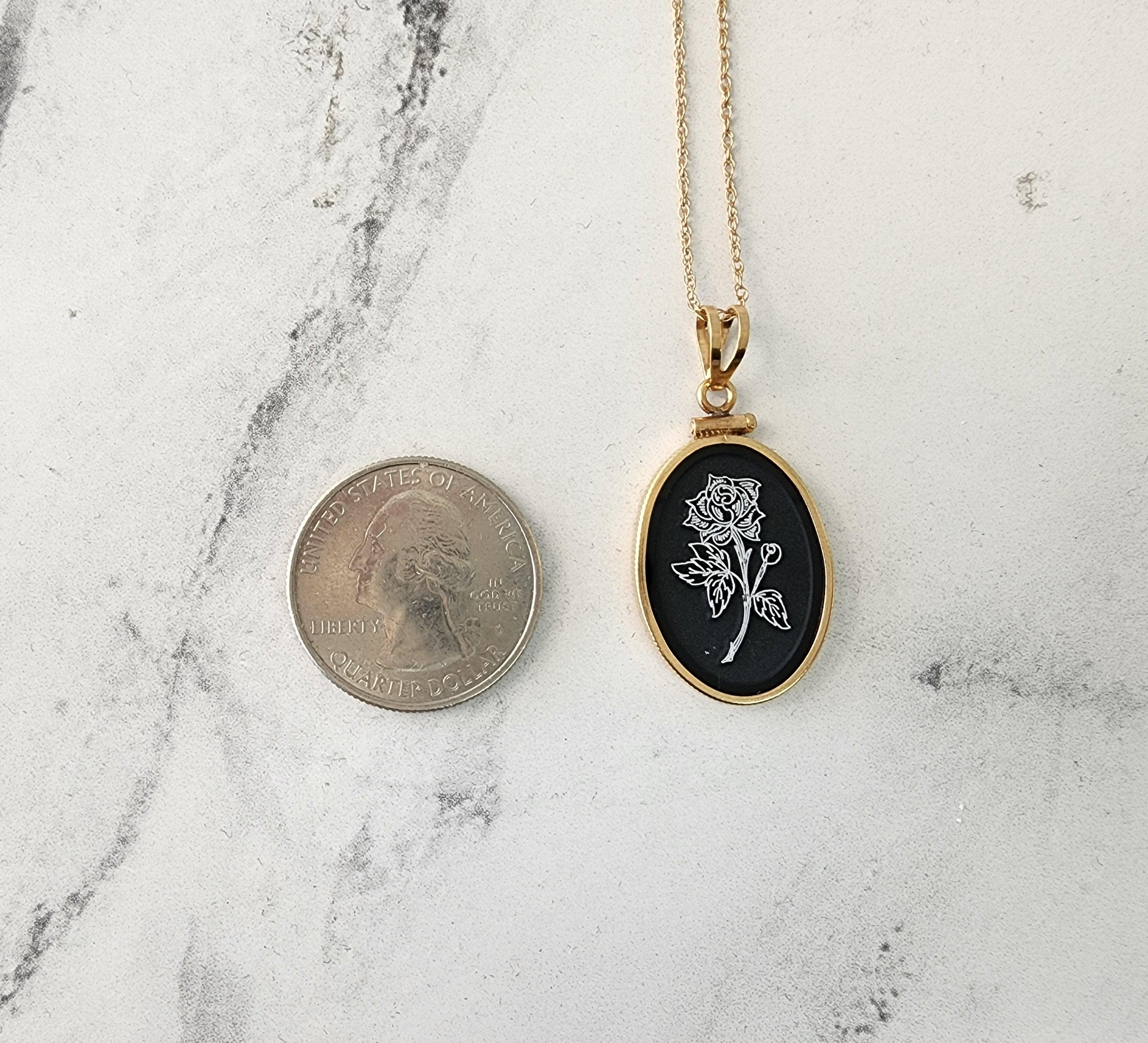 Black Onyx Rose Rose Etched Flower Oval Pendant