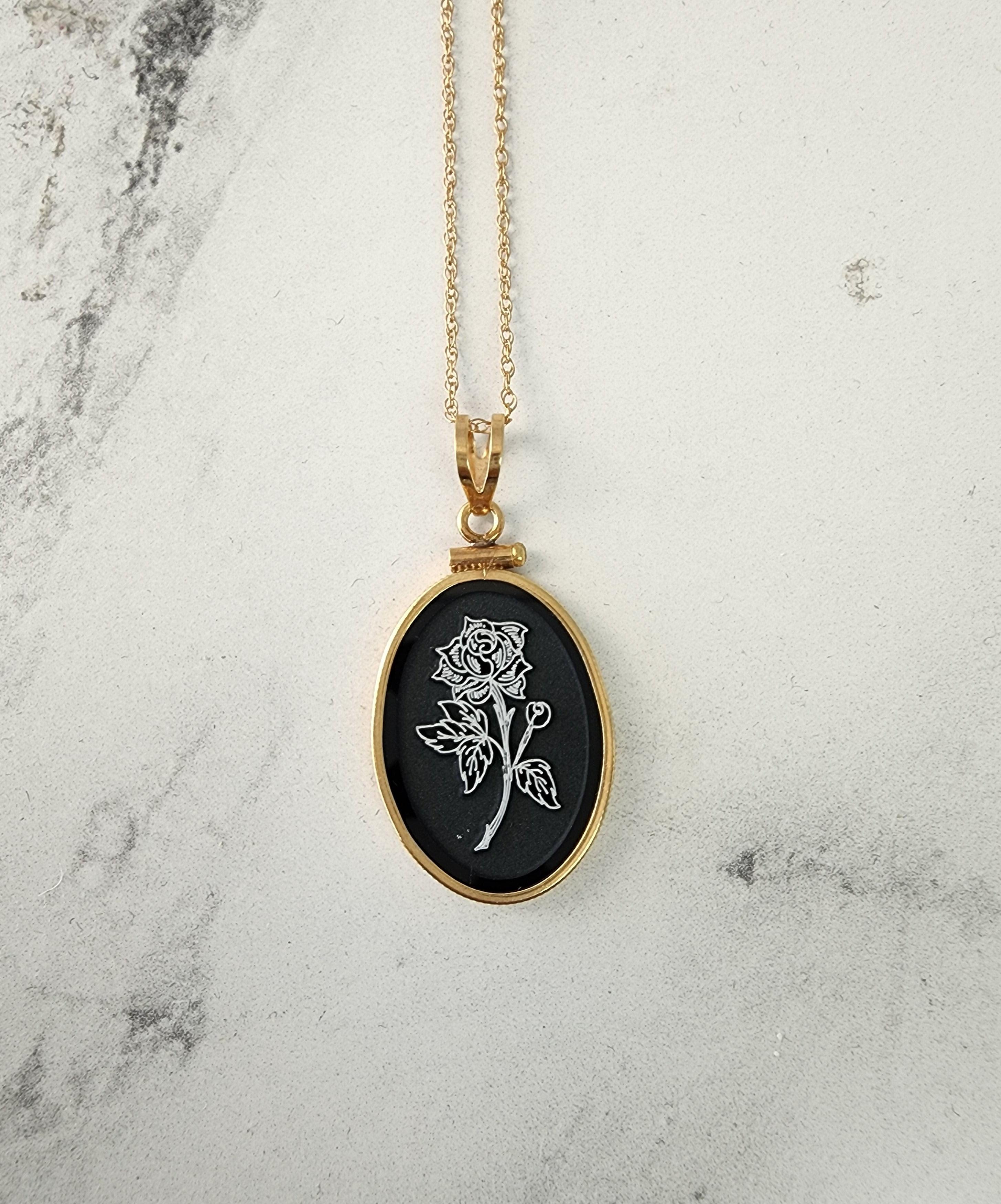 Black Onyx Rose Rose Etched Flower Oval Pendant