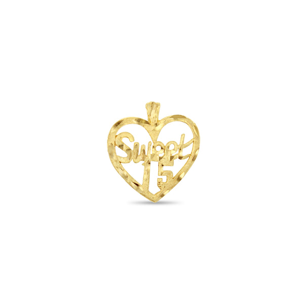 Sweet 15  Heart Shaped Charm or Pendant with Diamond Cuts 14k Yellow Gold
