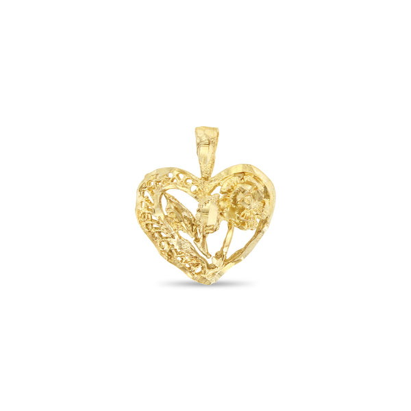 Heart Shaped Charm with Flowers In Center with Diamond Cuts 10k Yellow Gold