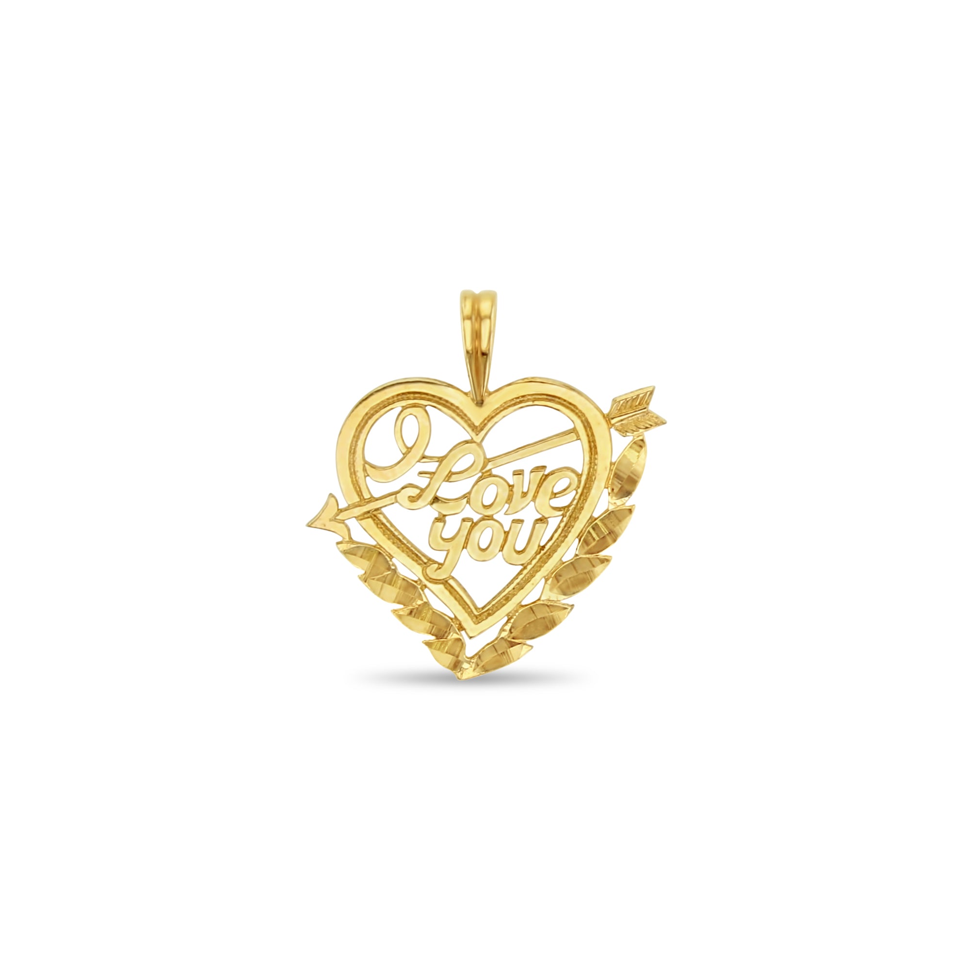 I Love You Shaped Heart with Arrow with Diamond Cuts 14k Yellow Gold