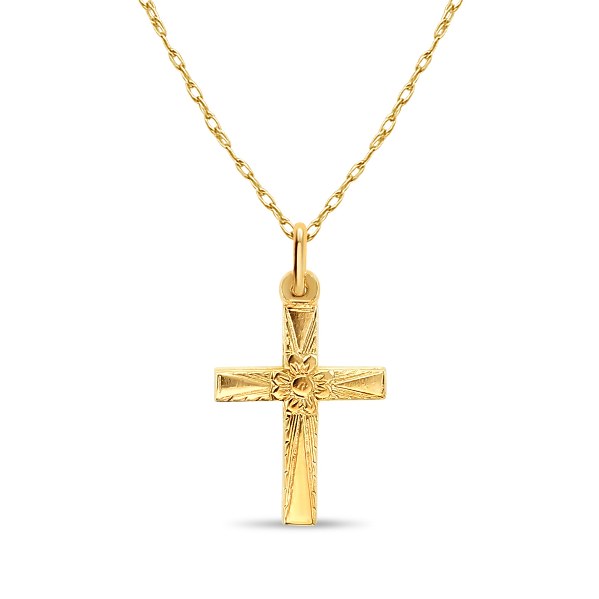 Cruz estilo vintage con diseño de flores en el centro en oro amarillo de 14 k