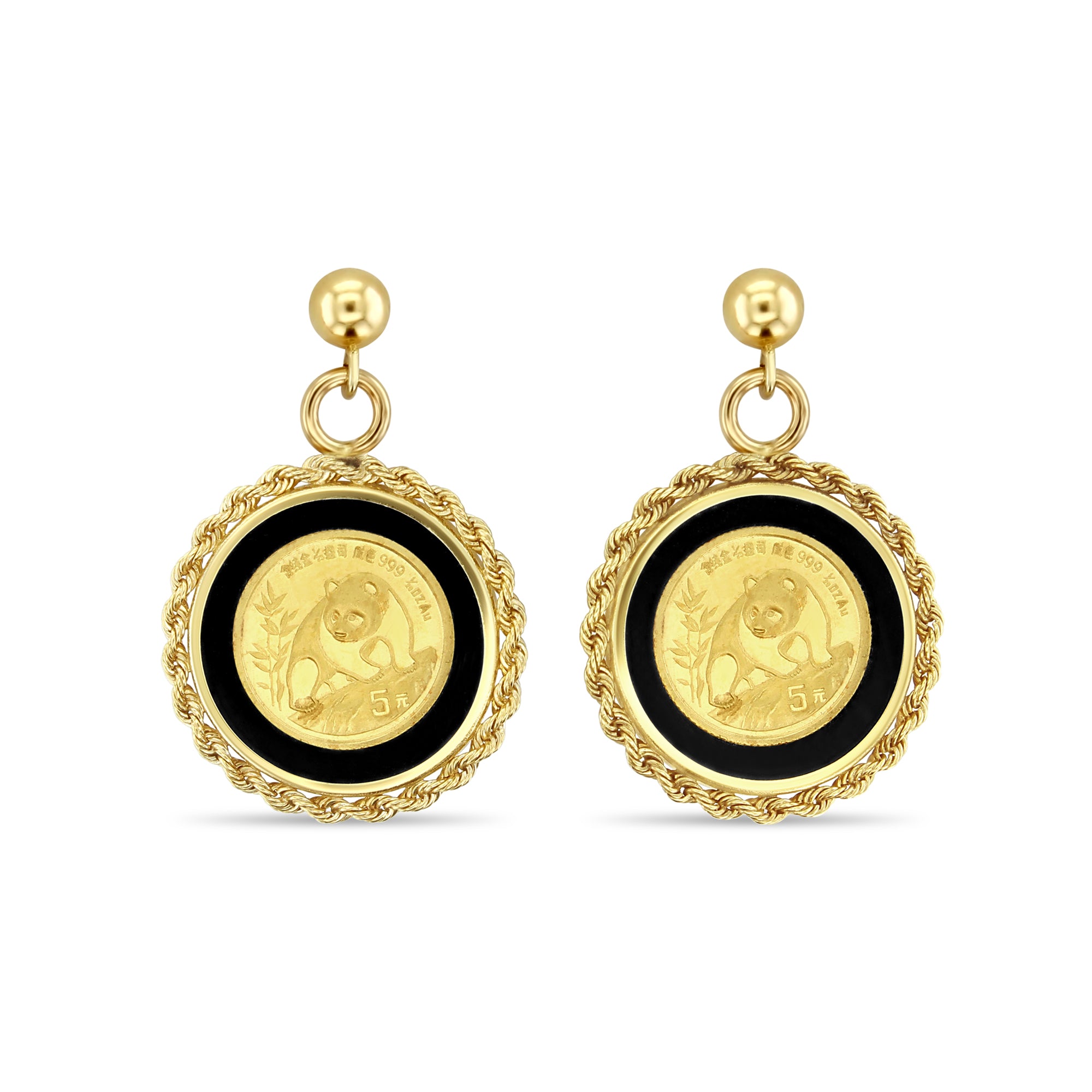 Boucles d'oreilles pendantes avec cadre en onyx et pièce d'or Panda 1/20 OZ