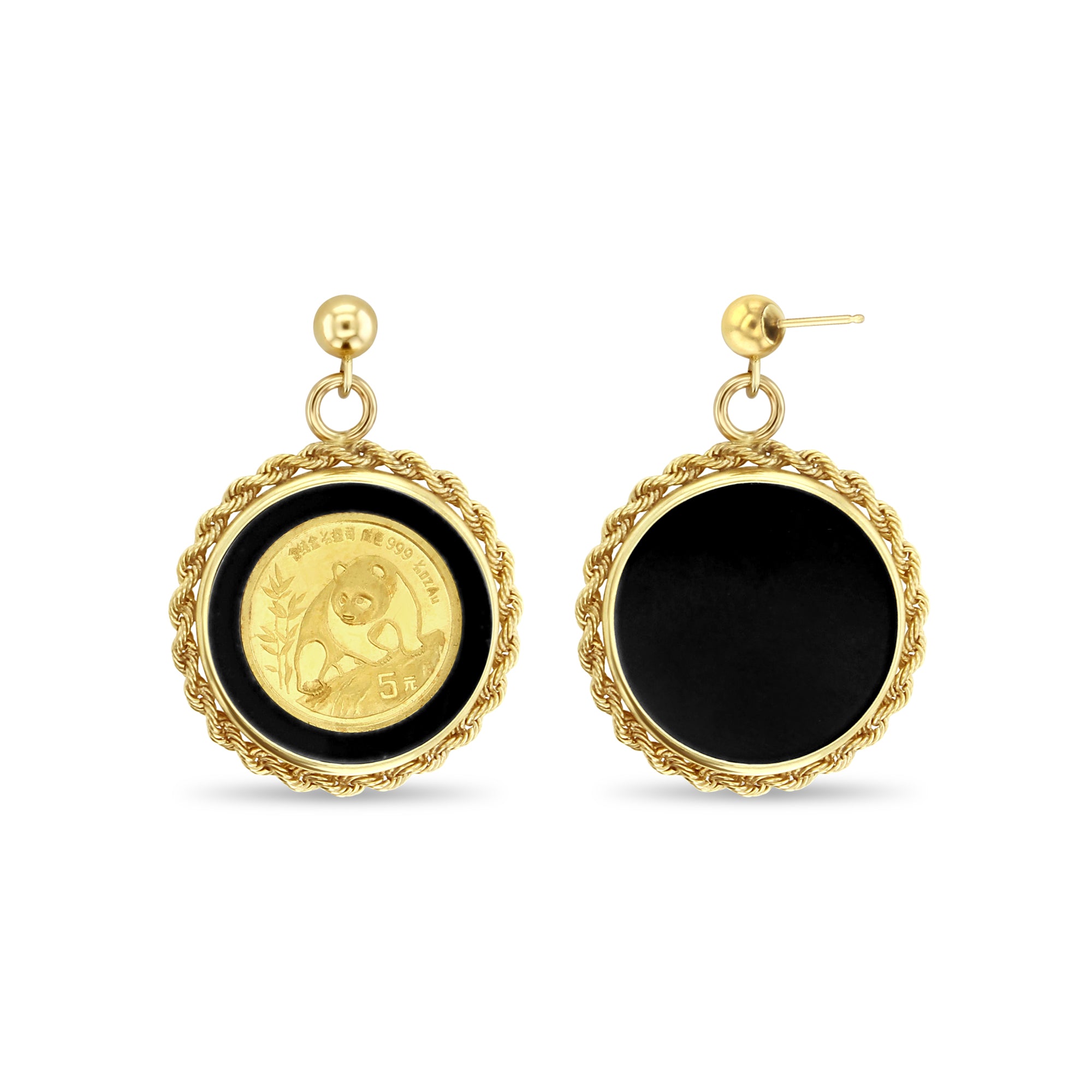 Boucles d'oreilles pendantes avec cadre en onyx et pièce d'or Panda 1/20 OZ