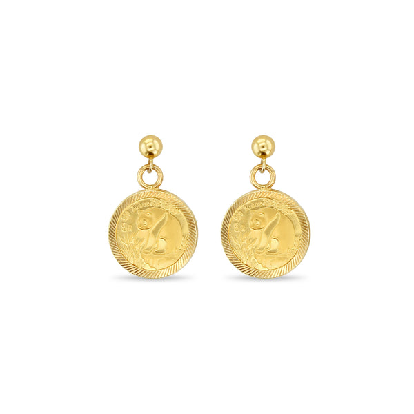 1/20OZ Panda Gold Coin Drop Earrings with Diamond Cut Bezel
