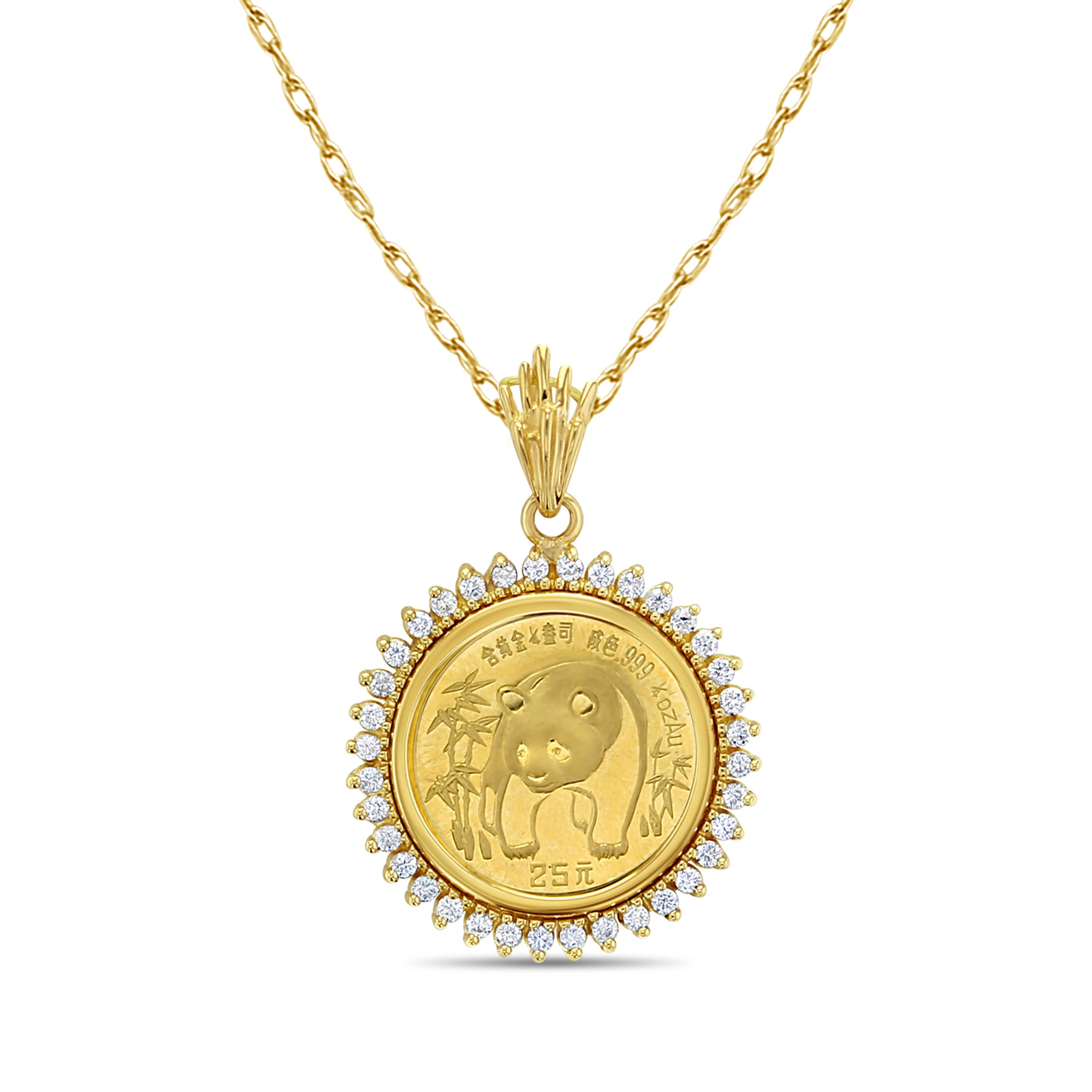 1/25oz Fine Gold Panda Coin Necklace with Diamond Halo