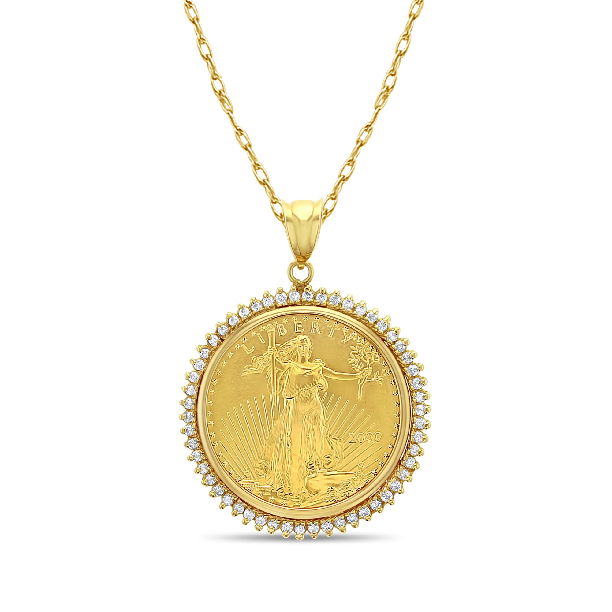 1OZ Fine Gold Lady Liberty Medallion Necklace with 1.10cttw Diamond Halo