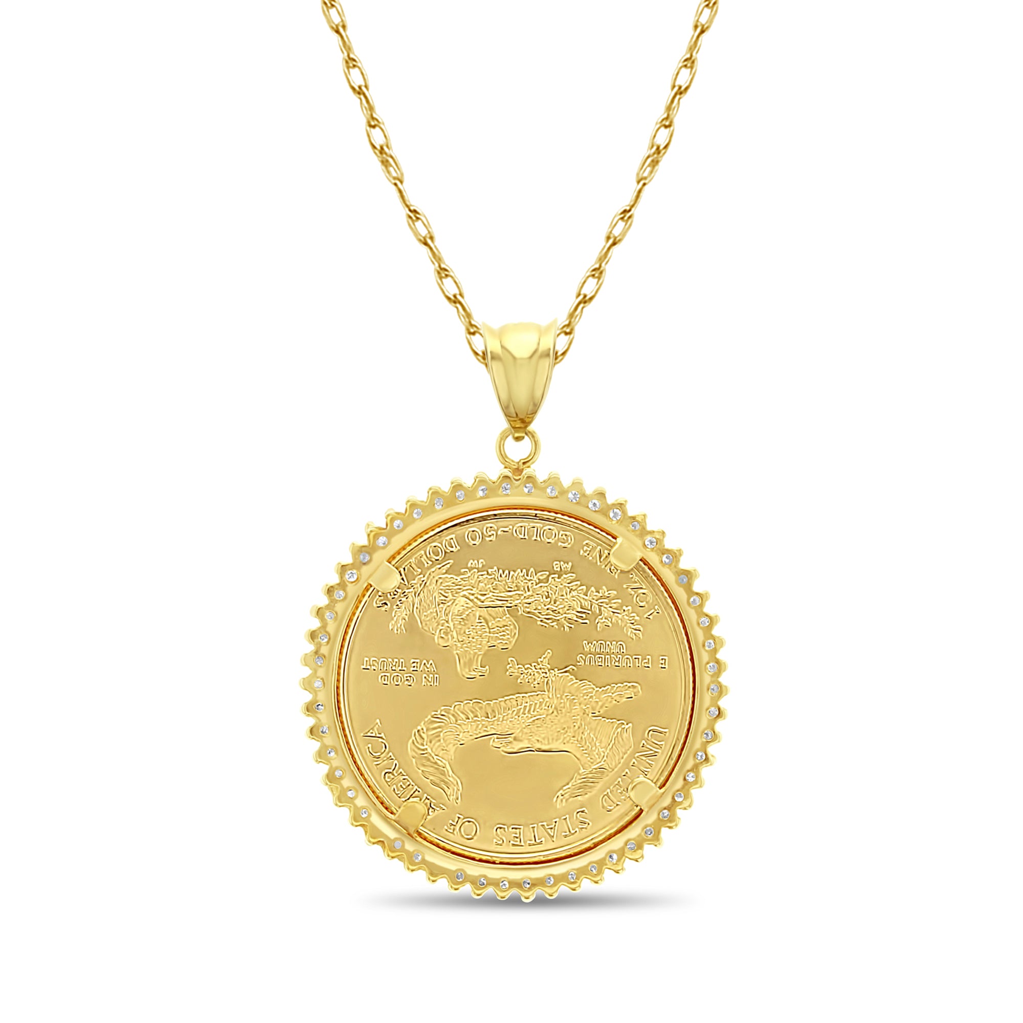 1OZ Fine Gold Lady Liberty Medallion Necklace with 1.10cttw Diamond Halo