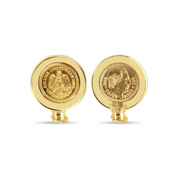 1945 Dos Y Medio Coin Clip On Earrings with Polished Bezel Frame 14k Yellow Gold