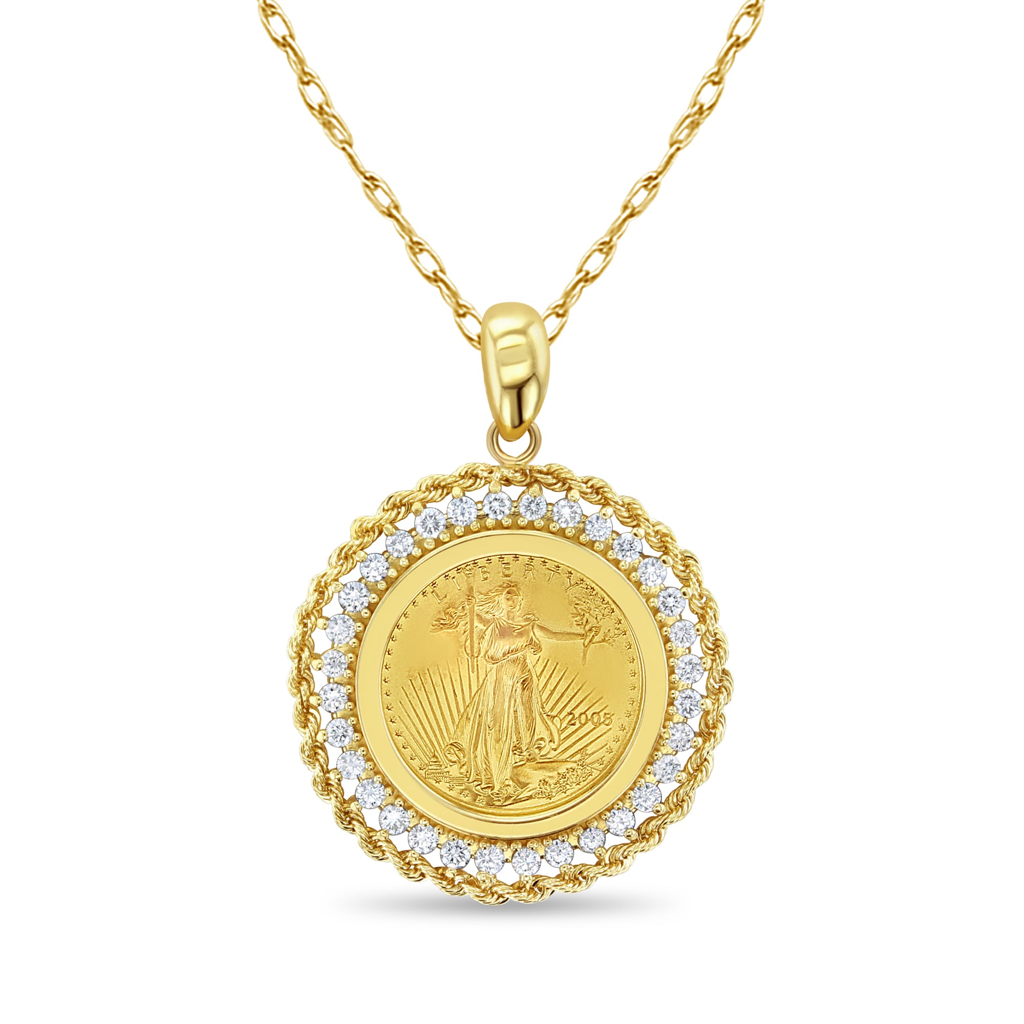 Lady Liberty de oro fino de 22 quilates y 1/10 oz con halo de diamantes y cuerda, 0,60 ct